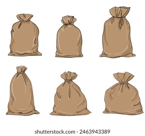 Hand Drawn Set Canvas sack isolated white background ink vector Illustration 