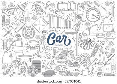 Hand drawn set of car service doodles with dark blue lettering in vector