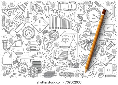 Conjunto de doodles de vectores de servicios de automóviles dibujados a mano