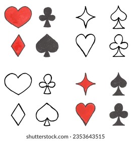 Hand drawn set of card suits. Liner and watercolor