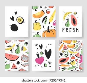 Hand drawn set of cards with fruits and vegetables. Vector artistic illustration food. Vegan drawing papaya, banana, pear, passion fruit, beetroot, carrot, pepper, avocado, potato, lemon, watermelon