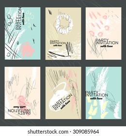 Hand drawn set of cards and invitations. Wedding, marriage, bridal, birthday, Valentine's day, patry invitation.