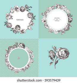 hand drawn set of cards with a round wreath of different flowers of vintage garden. Black and white. Vector illustration