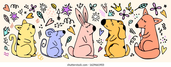 Hand drawn set of cartoon animals with rabbit, cat, mouse, dog, fox and design elements. Vector illustration in doodle style. Cute template for notebook, cards, T-shirt, posters.