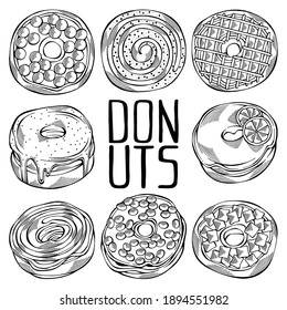 Conjunto de dibujos a mano de dibujos animados en blanco y negro con diferentes rociadas aisladas en fondo blanco. Pasta para el diseño de menús, decoración de cafés y cubierta de cristal de caja de entrega. Ilustración del vector