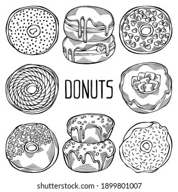Hand drawn set of cartoon black and white donuts with different sprinkles isolated on white background. Pastry for menu design, cafe decoration and delivery box glazed cover. Vector illustration