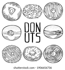 Conjunto de dibujos a mano de dibujos animados en blanco y negro con diferentes rociadas aisladas en fondo blanco. Pasta para el diseño de menús, decoración de cafés y cubierta de cristal de caja de entrega. Ilustración del vector