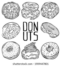 Handgezeichneter Satz von schwarz-weißem Cartoon-Donuts mit verschiedenen Brinklen einzeln auf weißem Hintergrund. Konditorei für Menüdesign, Café-Dekoration und Lieferkastenverkleidung. Vektorgrafik