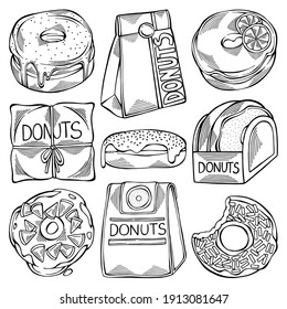 Hand drawn set of cartoon black and white donuts with different sprinkles isolated on white background. Pastry for menu design, cafe decoration and delivery box glazed cover. Vector illustration