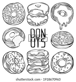 Hand drawn set of cartoon black and white donuts with different sprinkles isolated on white background. Pastry for menu design, cafe decoration and delivery box glazed cover. Vector illustration