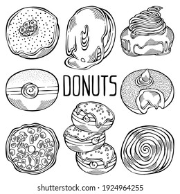 Hand drawn set of cartoon black and white donuts with different sprinkles isolated on white background. Pastry for menu design, cafe decoration and delivery box glazed cover. Vector illustration