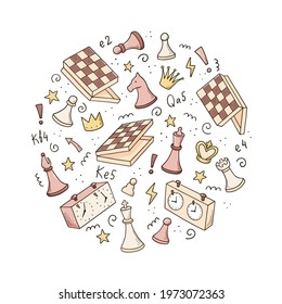 Hand drawn set of cartoon chess game elements. Doodle sketch style. Isolated vector illustration for a chess club, tournaments, competition, championship.