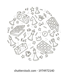 Hand drawn set of cartoon chess game elements. Doodle sketch style. Isolated vector illustration for a chess club, tournaments, competition, championship.