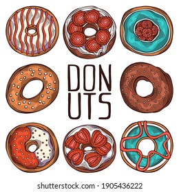 Hand drawn set of cartoon colorful donuts with different sprinkles isolated on white background. Pastry for menu design, cafe decoration and delivery box glazed cover. Vector illustration