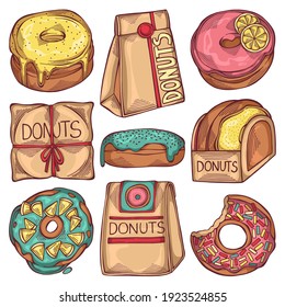 Hand drawn set of cartoon colorful donuts with different sprinkles isolated on white background. Pastry for menu design, cafe decoration and delivery box glazed cover. Vector illustration