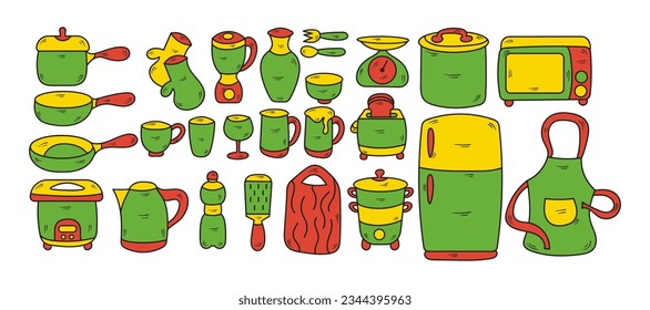 Utensilios de cocina de dibujos animados dibujados a mano en elemento de vector de doodle Estilo de ilustración