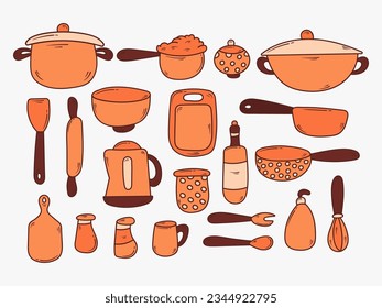 Hand Drawn Set Cartoon Kitchen Utensils in Doodle Vector Element Illustration Style