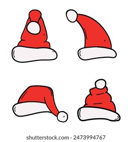 Hand drawn set of cartoon santa claus hats isolated on white background. New Year, Christmas. Vector illustration.