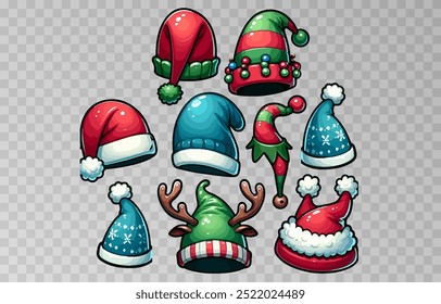 Hand drawn set of cartoon santa claus hats isolated on transparent png background. New Year, Christmas. Vector illustration.