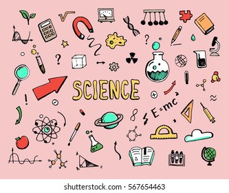 Hand drawn set of cartoon science elements. Doodle collection with atom, chemical formula, graphic, book, arrow, microscope, school, biology, algebra objects. Vector illustration. 