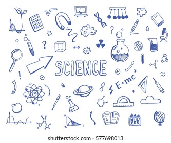 Hand drawn set of cartoon science elements. Doodle collection with atom, chemical formula, graphic, book, arrow, microscope, school, biology, algebra objects. Vector illustration. 