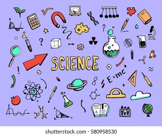 Hand drawn set of cartoon science elements. Doodle collection with atom, chemical formula, graphic, book, arrow, microscope, school, biology, algebra objects. Vector illustration. 