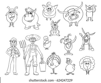 Hand drawn set of cartoon vector farm animals and male and female farmers