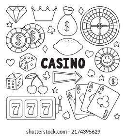 Hand drawn set of casino doodle. Gambling entertainment in sketch style. Casino chip, cards, roulette, money, poker. Vector illustration isolated on white background.