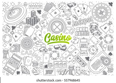 Hand drawn set of Casino doodles with green lettering in vector