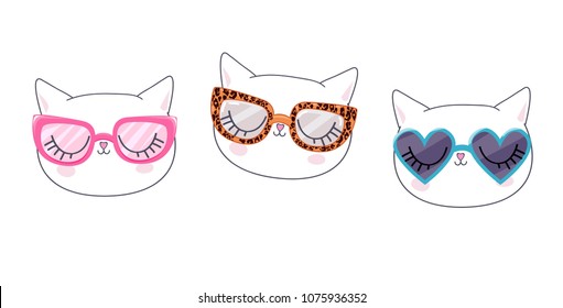 Hand Drawn Set Cat with glasses, Vector Illustration