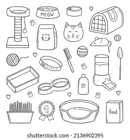 Hand drawn set of cat and pet accessories doodle. Supplies and equipment cats in sketch style: bowl, toys, collar, food. Vector illustration isolated on white background.