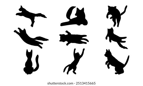 Hand drawn set of cat silhouettes in jumping poses. Vector adorable domestic animals 