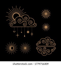 Hand drawn set of celestial bodies. Flash tattoo, sticker, patch or print design vector illustration. vector illustration of sun, stars, moon, clouds. Vector vintage elements for t-shirt, poster