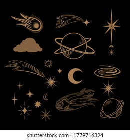 Hand drawn set of celestial bodies. Flash tattoo, sticker, patch or print design vector illustration. vector sun, stars, planets, moon, clouds. Vector vintage elements for t-shirt, poster design.