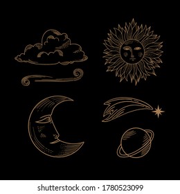 Hand drawn set of celestial bodies. Flash tattoo, sticker, patch or print design vector illustration. vector sun, stars, planets, moon, clouds. Vector vintage elements for t-shirt, poster design.