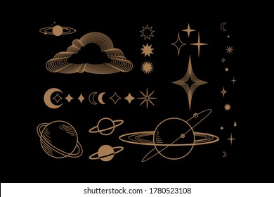 Hand drawn set of celestial bodies. Flash tattoo, sticker, patch or print design vector illustration. vector sun, stars, planets, moon, clouds. Vector vintage elements for t-shirt, poster design.