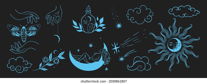 Hand drawn set of celestial bodies and mystic magical elements. Vector graphics.