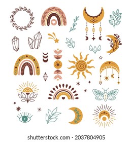 Conjunto de elementos mágicos místicos celestiales dibujados a mano. Colección con varias formas de ojo floral de cristal lunar y otros. Objetos místicos en el vector.