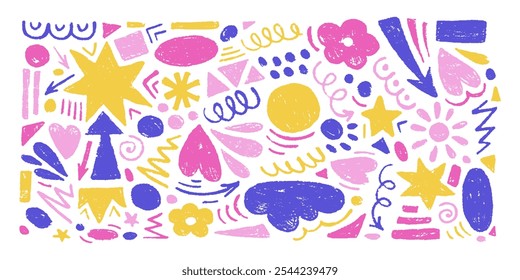 Hand drawn set of charcoal abstract shapes. Vector collection of contemporary texture figure in doodle style. Design elements perfect for banner, print, stickers, decor