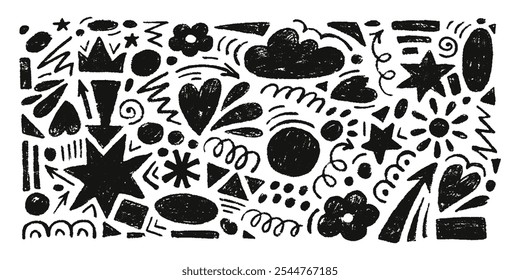 Conjunto dibujado a mano de Formas abstractas de carbón. Vector colección de figura de textura contemporánea en estilo doodle. Elementos de diseño perfectos para el Anuncio, impresión, pegatinas, decoración