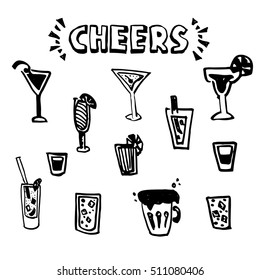 Hand drawn set Cheers (toasting). Vector illustration skeatch. Drink theame - beer, coctai.