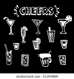 Hand drawn set Cheers (toasting). Vector illustration skeatch. Drink theame - beer, cocktail.