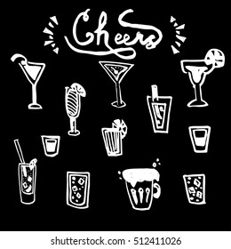 Hand drawn set Cheers (toasting). Vector illustration skeatch. Drink theame - beer, coctail.