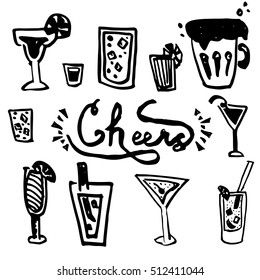 Hand drawn set Cheers (toasting). Vector illustration skeatch. Drink theame - beer, coctail.