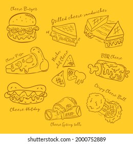 Hand Drawn Set Of Cheese Menu.chees Burger,Grill Sandwich,pizza,hotdog,spring Rolls,BBQ,nachos.Doodle Vector.element For Dacoration Banner ,logo,business Card,menu,website Restaurant.