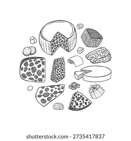 Hand drawn set of cheese. Mozzarella, Masdam, camembert, cheddar, feta and blue cheese vector sketch set