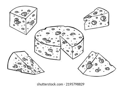 Hand Drawn Set Of Cheese Parts And Slices. Cheese Icon. Vector Cheese Clipart