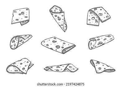 Hand Drawn Set Of Cheese Parts And Slices. Cheese Icon. Vector Cheese Clipart