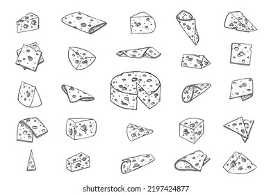 Hand Drawn Set Of Cheese Parts And Slices. Cheese Icon. Vector Cheese Clipart