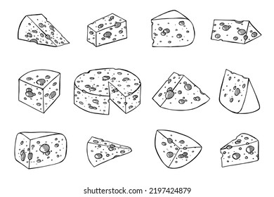 Hand Drawn Set Of Cheese Parts And Slices. Cheese Icon. Vector Cheese Clipart